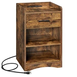 vasagle nightstand with charging station, bed side table with usb ports and outlets, drawer, storage shelves, plug-in series, rustic brown, 40 cm x 40 cm x 64 cm