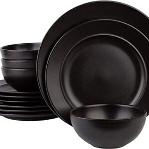 12 Piece Dinnerware Set By Glavers Service For 4, Round Black Matte Dishes – High-End Portuguese Quality Stoneware Set – Includes 4 Dinner Plates 4 Salad Plates, And 4 Bowls Dishwasher Microwave safe.