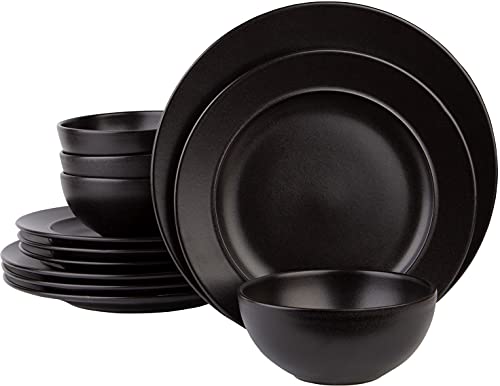 12 Piece Dinnerware Set By Glavers Service For 4, Round Black Matte Dishes – High-End Portuguese Quality Stoneware Set – Includes 4 Dinner Plates 4 Salad Plates, And 4 Bowls Dishwasher Microwave safe.