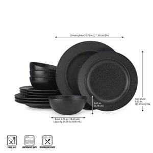 12 Piece Dinnerware Set By Glavers Service For 4, Round Black Matte Dishes – High-End Portuguese Quality Stoneware Set – Includes 4 Dinner Plates 4 Salad Plates, And 4 Bowls Dishwasher Microwave safe.