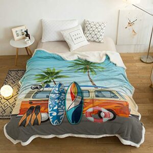 summer coastal coconut tree surfboard sherpa flannel throw blankets thick reversible plush fleece blanket for bed couch sofa decor ocean diving theme,ultra soft warm fuzzy tv blanket 50x60in
