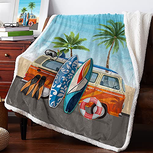 Summer Coastal Coconut Tree Surfboard Sherpa Flannel Throw Blankets Thick Reversible Plush Fleece Blanket for Bed Couch Sofa Decor Ocean Diving Theme,Ultra Soft Warm Fuzzy TV Blanket 50x60in