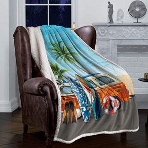 Summer Coastal Coconut Tree Surfboard Sherpa Flannel Throw Blankets Thick Reversible Plush Fleece Blanket for Bed Couch Sofa Decor Ocean Diving Theme,Ultra Soft Warm Fuzzy TV Blanket 50x60in