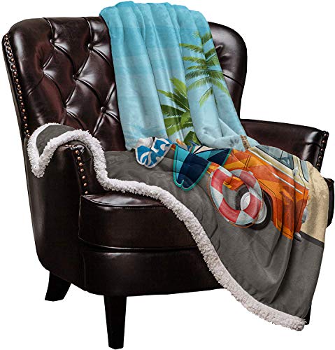 Summer Coastal Coconut Tree Surfboard Sherpa Flannel Throw Blankets Thick Reversible Plush Fleece Blanket for Bed Couch Sofa Decor Ocean Diving Theme,Ultra Soft Warm Fuzzy TV Blanket 50x60in