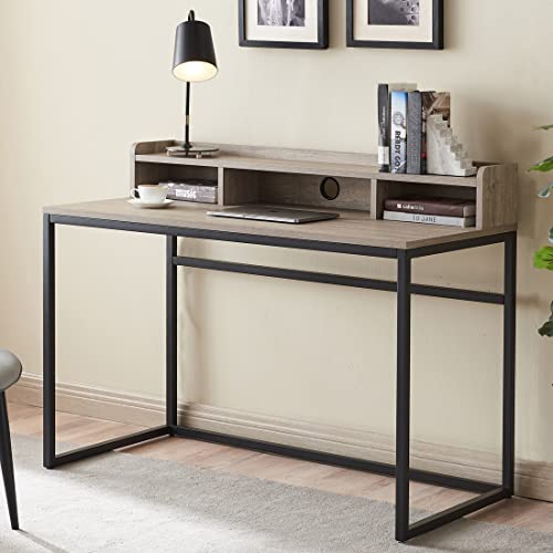 CENSI French Oak Writing Computer Desk with Hutch, 47 Inch Modern Wood and Metal Home Office Desk (Grey Wash)