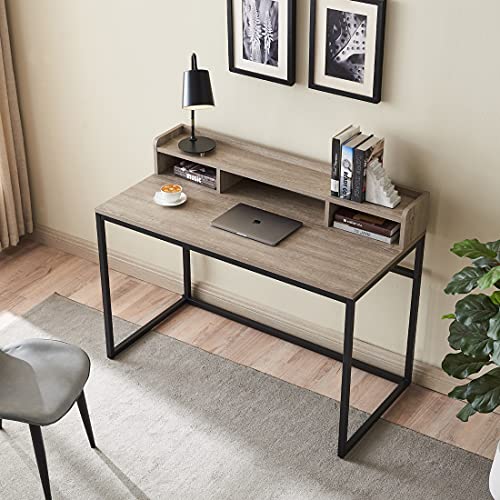 CENSI French Oak Writing Computer Desk with Hutch, 47 Inch Modern Wood and Metal Home Office Desk (Grey Wash)