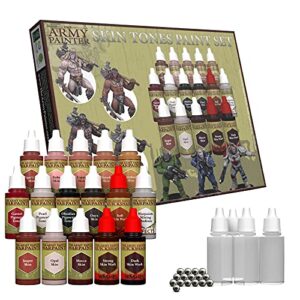 the army painter skin tones paint set, 16 acrylic paints, 4 empty bottles and 16 mixing balls for advanced techniques in wargames miniature model painting