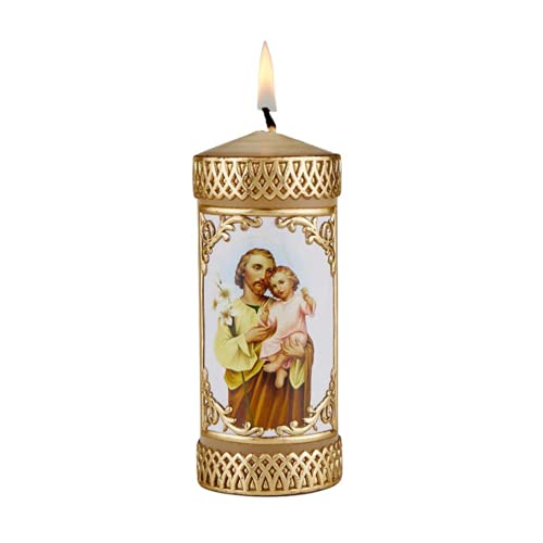 St Joseph and Child Catholic Prayer Candle, Devotional Unscented Hand Decorated Candles Fathers Day Decoration for Churches or Homes, 4.75 Inches