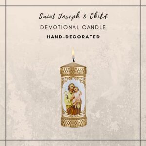 St Joseph and Child Catholic Prayer Candle, Devotional Unscented Hand Decorated Candles Fathers Day Decoration for Churches or Homes, 4.75 Inches