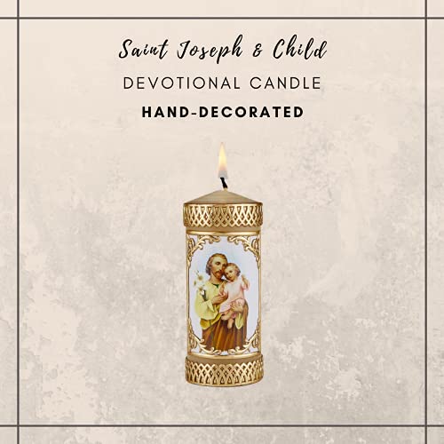 St Joseph and Child Catholic Prayer Candle, Devotional Unscented Hand Decorated Candles Fathers Day Decoration for Churches or Homes, 4.75 Inches