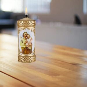 St Joseph and Child Catholic Prayer Candle, Devotional Unscented Hand Decorated Candles Fathers Day Decoration for Churches or Homes, 4.75 Inches