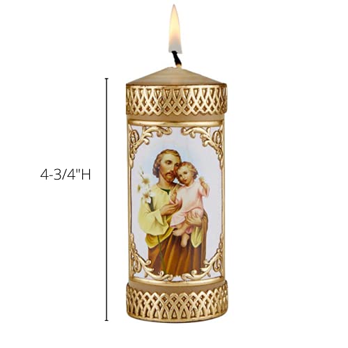 St Joseph and Child Catholic Prayer Candle, Devotional Unscented Hand Decorated Candles Fathers Day Decoration for Churches or Homes, 4.75 Inches