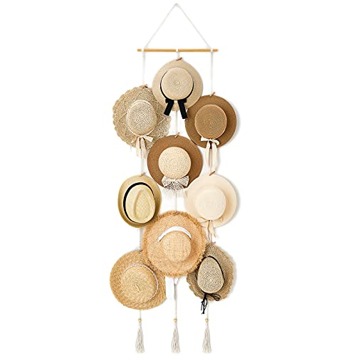 Mkono Hat Rack Hat Hangers for Wall Boho Caps Storage Display Organizer with Decorative Tassels Modern Cowboy Womens Hat Holder Display Hanger for Wide Brim Hats Bowler Fedora Hats Baseball Caps