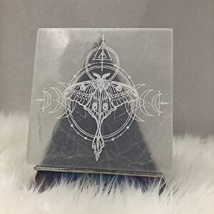 CrystalsAhoy 6" Etched Selenite Charging Plate, E3344 Moth Designs