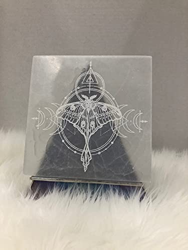 CrystalsAhoy 6" Etched Selenite Charging Plate, E3344 Moth Designs