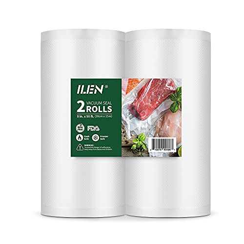 ILEN Vacuum Sealer Bags 2 pack 8''x50' (total 100 feet) Rolls Heavy Duty BPA Free for Food Saver, Sous Vide, Meal Prep