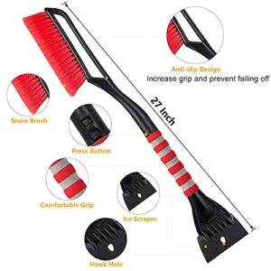 FOVAL 27" Snow Brush with Wider Ice Scraper (4.73" Width)(2 Pack), Snow Removal Car Brush with Comfortable Foam Grip for Cars, Trucks, SUVs, Windshield (Heavy Duty ABS, PVC Brush)(Red)