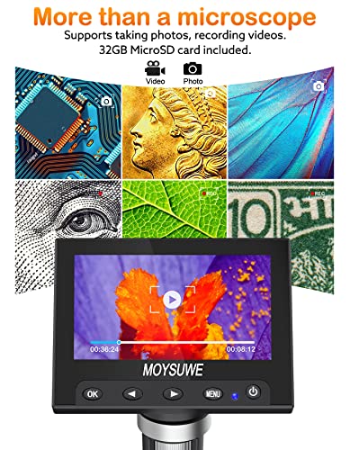 Coin Microscope, MOYSUWE 4.3 inch LCD Digital Microscope with Screen, Coin Microscope for Error Coins for Kids Adults - Metal Stand, 8 LED Lights, Compatible with Windows