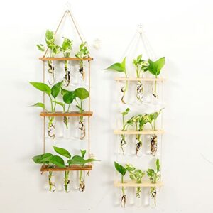 wall hanging planter terrarium with wooden stand, 3 tiered mini test tube flower vases retro hanging glass planter propagator for hydroponic plants cutting home office garden decor- 9 test tubes