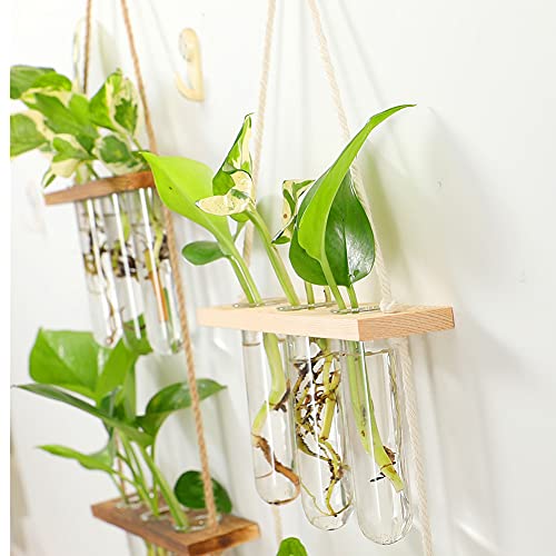 Wall Hanging Planter Terrarium with Wooden Stand, 3 Tiered Mini Test Tube Flower Vases Retro Hanging Glass Planter Propagator for Hydroponic Plants Cutting Home Office Garden Decor- 9 Test Tubes