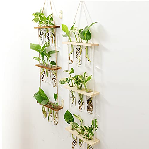 Wall Hanging Planter Terrarium with Wooden Stand, 3 Tiered Mini Test Tube Flower Vases Retro Hanging Glass Planter Propagator for Hydroponic Plants Cutting Home Office Garden Decor- 9 Test Tubes