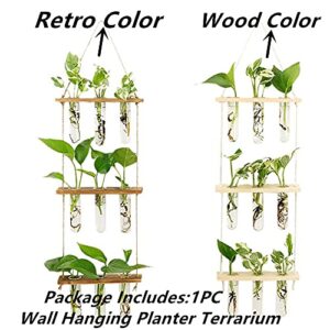 Wall Hanging Planter Terrarium with Wooden Stand, 3 Tiered Mini Test Tube Flower Vases Retro Hanging Glass Planter Propagator for Hydroponic Plants Cutting Home Office Garden Decor- 9 Test Tubes