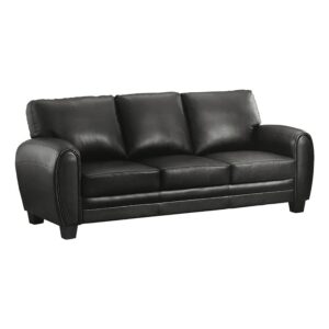 pemberly row 3 seater modern faux leather sofa with silver metal legs, upholstered couch for home office living room, distressed black