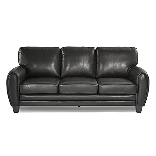 Pemberly Row 3 Seater Modern Faux Leather Sofa with Silver Metal Legs, Upholstered Couch for Home Office Living Room, Distressed Black