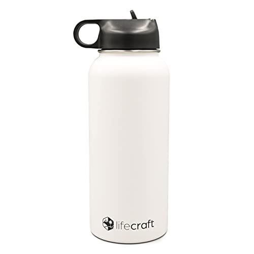 Lifecraft Beach Time 18/8 Stainless Steel Vacuum Insulated Sweat Proof Water Bottle Large 32 Oz Wide Mouth with Straw Flip Lid, Handheld Sport Design Hydro Metal Jug