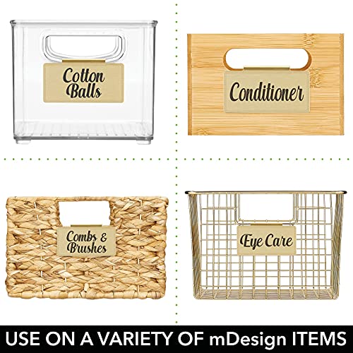 mDesign Steel Clip-On Basket and Bin Tags for Bathroom Storage, Metal Hanging Holders with Adhesive Labels for Shampoo, Soap, Vitamins, and Beauty Supplies - Set of 8 - Soft Brass