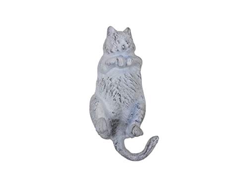 Handcrafted Nautical Decor Whitewashed Cast Iron Happy Fat Cat Decorative Metal Wall Hook 6"