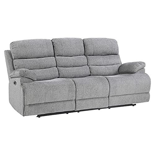 Pemberly Row Transitional Fabric Power Headrest Double Reclining Sofa in Gray