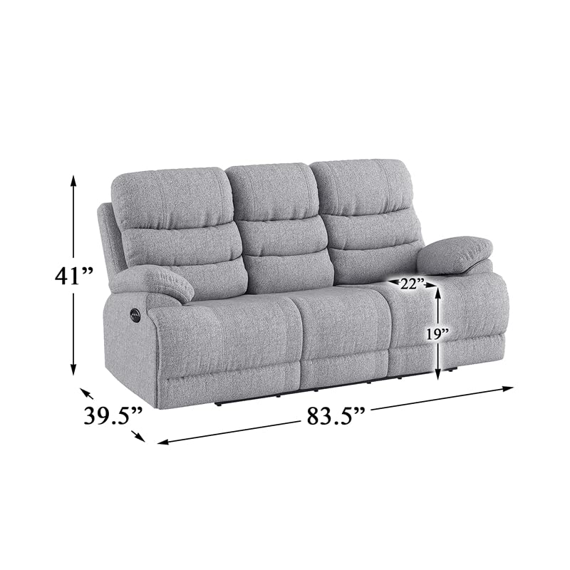 Pemberly Row Transitional Fabric Power Headrest Double Reclining Sofa in Gray