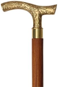 vintage wooden walking stick cane with classic vintage carved brass handle