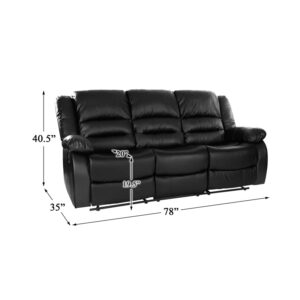 Pemberly Row 19" Transitional Faux Leather Double Reclining Sofa in Black