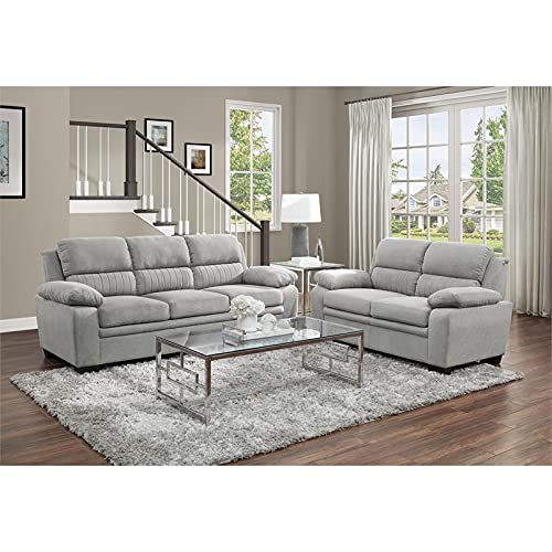 Pemberly Row Plush Channel Tufted Sofa with Pillow Top Arms, Textured Fabric Upholstered 3 Seater Couch for Living Room Home Office, Light Gray