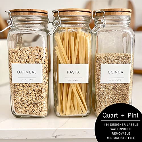 QUART + PINT 134 Kitchen Pantry Labels for Containers. Minimalist Preprinted Farmhouse Style. White Sticker Black Text. Waterproof Stickers. Organization Label for Jars Canisters & Storage Bins