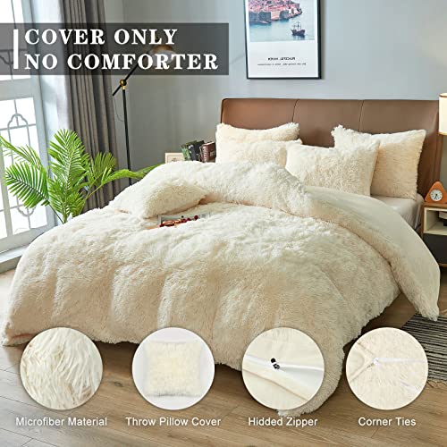 Plush Duvet Cover Set, Luxury Ultra Soft Velvet Duvet Cover Set Fluffy Plush Shaggy Bedding Sets 4 Pieces(1 Duvet Cover + 2 Pillow Case + 1 Pillow Cover) Zipper Closure (Queen, Light Beige)