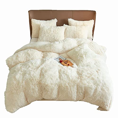 Plush Duvet Cover Set, Luxury Ultra Soft Velvet Duvet Cover Set Fluffy Plush Shaggy Bedding Sets 4 Pieces(1 Duvet Cover + 2 Pillow Case + 1 Pillow Cover) Zipper Closure (Queen, Light Beige)