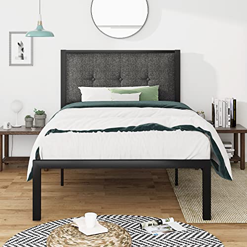 IMUsee Twin Size Bed Frame with Upholstered Button Tufted Headboard, Heavy Duty Platform Bed with 17 Strong Metal Slats Support, 11” Storage Space, Easy Assembly, Noise Free, No Box Spring Needed
