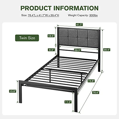 IMUsee Twin Size Bed Frame with Upholstered Button Tufted Headboard, Heavy Duty Platform Bed with 17 Strong Metal Slats Support, 11” Storage Space, Easy Assembly, Noise Free, No Box Spring Needed
