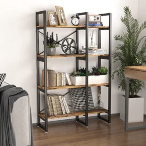 easyzon 4 tier bookcase and bookshelf, rustic industrial bookshelf, large etagere bookshelf open display shleves with metal frame for living room bedroom home office, rustic brown