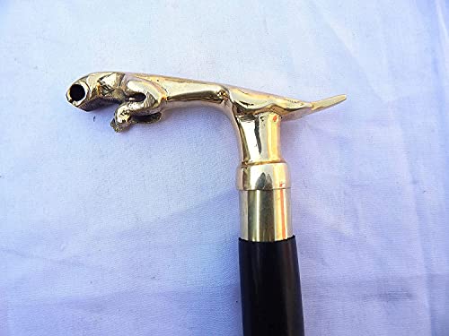 Victorian Style Jaguar Handle Walking Stick Cane Solid Brass Handle Wooden Black Stick Fordable