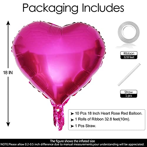 10Pcs Hot Pink Foil Heart Shaped Balloons 18 Inch Hot Pink Heart Balloons For Baby Shower Wedding Valentine Decorations Love Balloons Party Decorations