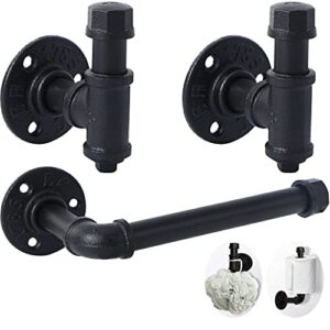3 pack industrial pipe bathroom hardware accessories set, include 2 robe coat towel hook and 1 toilet paper holder for hanging. 1/2" inch threaded wall mounted rustic decor accessories kit (black)