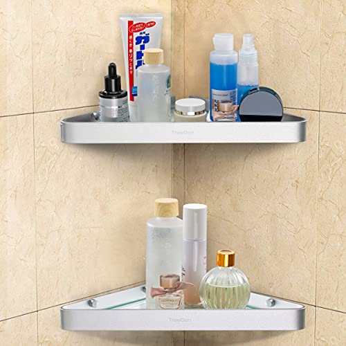 TreeGun Corner Shower Caddy, 2 Pack Glass Corner Shelf, No Drilling Glass Corner Shelf Adhesive Wall Mounted Bathroom Shelf with Aluminum Brackets