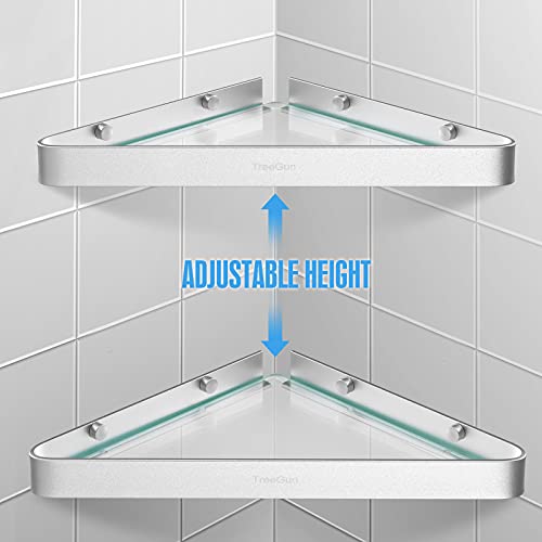 TreeGun Corner Shower Caddy, 2 Pack Glass Corner Shelf, No Drilling Glass Corner Shelf Adhesive Wall Mounted Bathroom Shelf with Aluminum Brackets