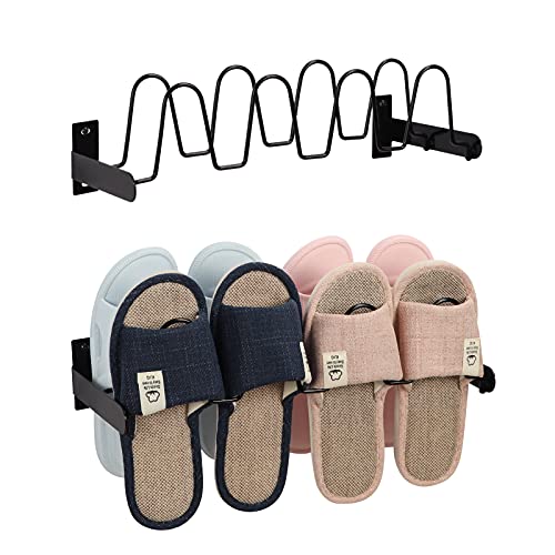 Lavezee Wall Mounted Shoe Rack Organizer 8 Pairs Sandals Slippers, Set of 2 Black Metal Shoe Storage Holder for Wall, Entryway, Bathroom