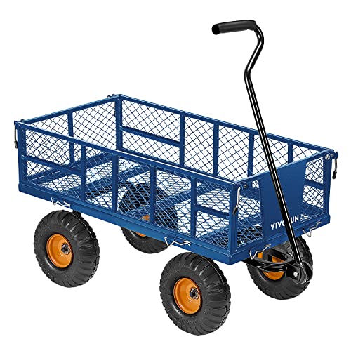 VIVOSUN Heavy-Duty Steel Garden Cart, 500-Pound Capacity, Steel Utility Garden Wagon with Removable Sides and 10" Pneumatic Tires for Outdoors, Lawns, Yards, Farms, and Ranches, Blue