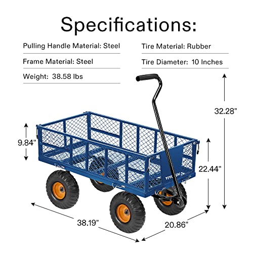 VIVOSUN Heavy-Duty Steel Garden Cart, 500-Pound Capacity, Steel Utility Garden Wagon with Removable Sides and 10" Pneumatic Tires for Outdoors, Lawns, Yards, Farms, and Ranches, Blue